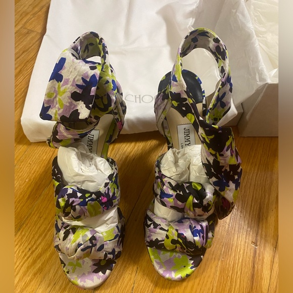 Jimmy Choo Multicolor Floral Print Satin Kris Knot Heels Size 37 - Picture 3 of 11